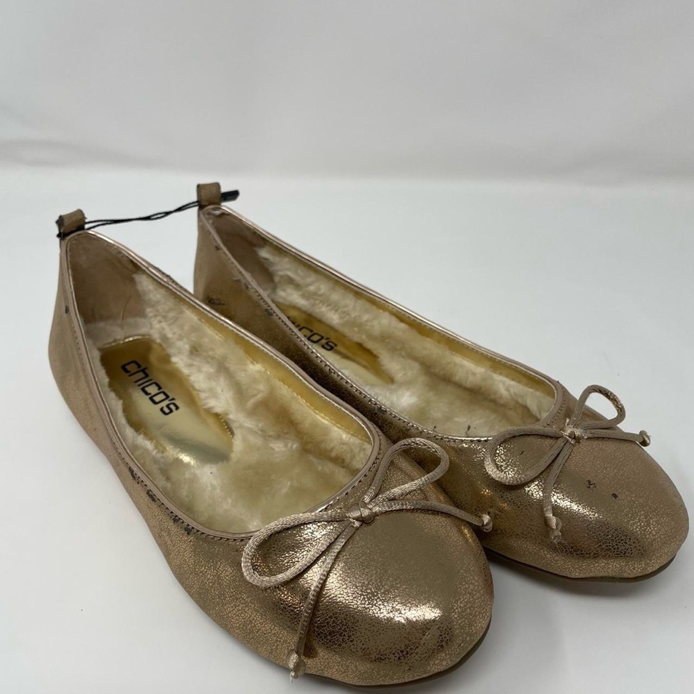 Chico’s Ballet Flats Gold With Fur Lining and Bow on Toe